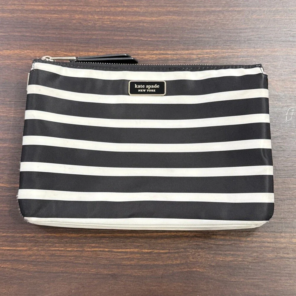 Kate Spade New York Striped Nylon Cosmetic Pouch Clutch Bag Black White Zip